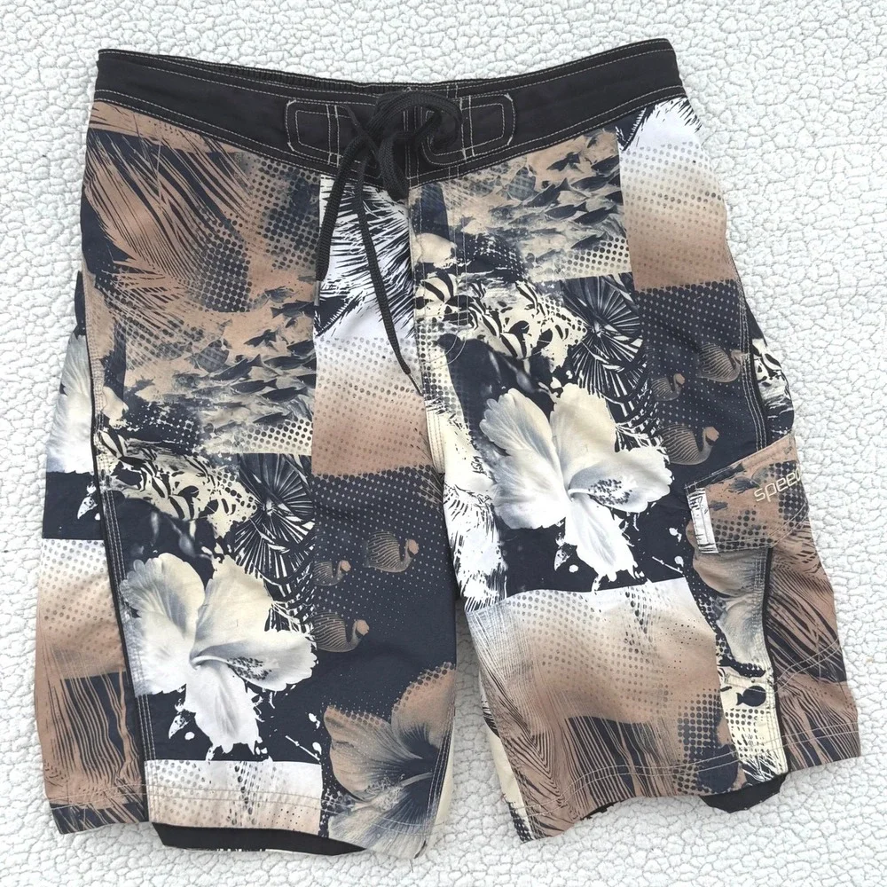 Speedo Mens Board Shorts Black Tan White Hibiscus Tropical Swim Trunks Size M